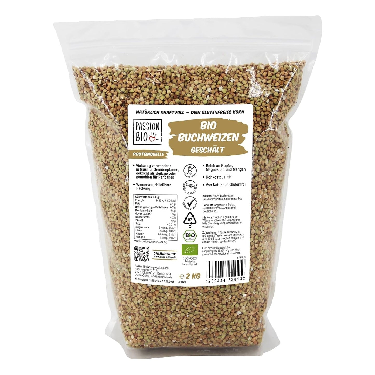 PassionBio Grano Saraceno Bio 2 kg - confezione richiudibile - qualità crudista