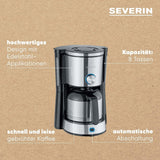 Macchina per caffè espresso SEVERIN "TypeSwitch" con caraffa termica, AromaSwitch per scegliere tra 2 profili di erogazione, macchina da caffè fino a 10 tazze, 1000 W, acciaio inossidabile spazzolato-nero, KA 4845