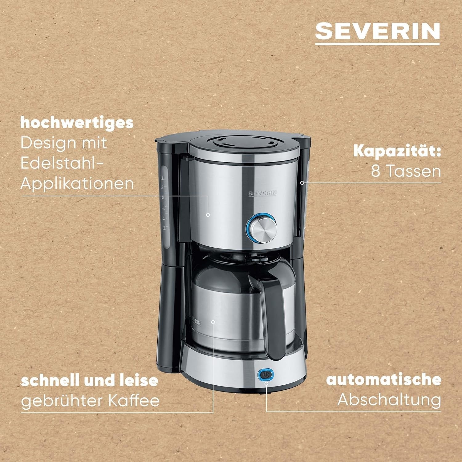 Macchina per caffè espresso SEVERIN "TypeSwitch" con caraffa termica, AromaSwitch per scegliere tra 2 profili di erogazione, macchina da caffè fino a 10 tazze, 1000 W, acciaio inossidabile spazzolato-nero, KA 4845