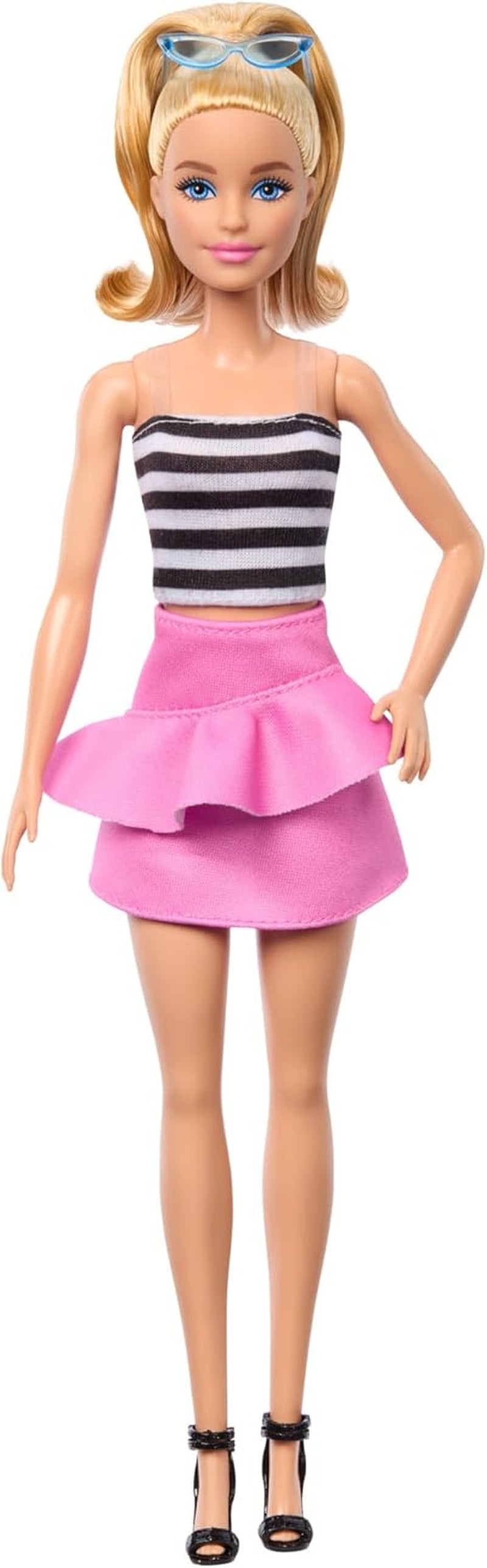 Bambola Barbie Fashionistas n. 213 Bionda con top a righe, gonna rosa e occhiali da sole, bambola alla moda da collezione per il 65° compleanno HRH11 Naty Shop Dolls