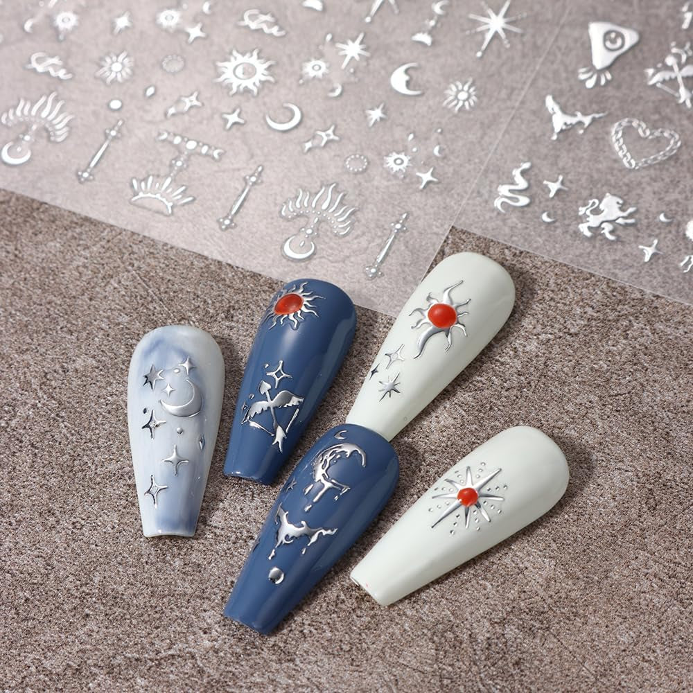 Adesivi per unghie metallizzati argento 3D, adesivi per unghie per donne, stella, luna, sole, lamina per unghie, adesivi autoadesivi, adesivi per unghie farfalla, adesivi per unghie, accessori per design delle unghie, 8 pezzi