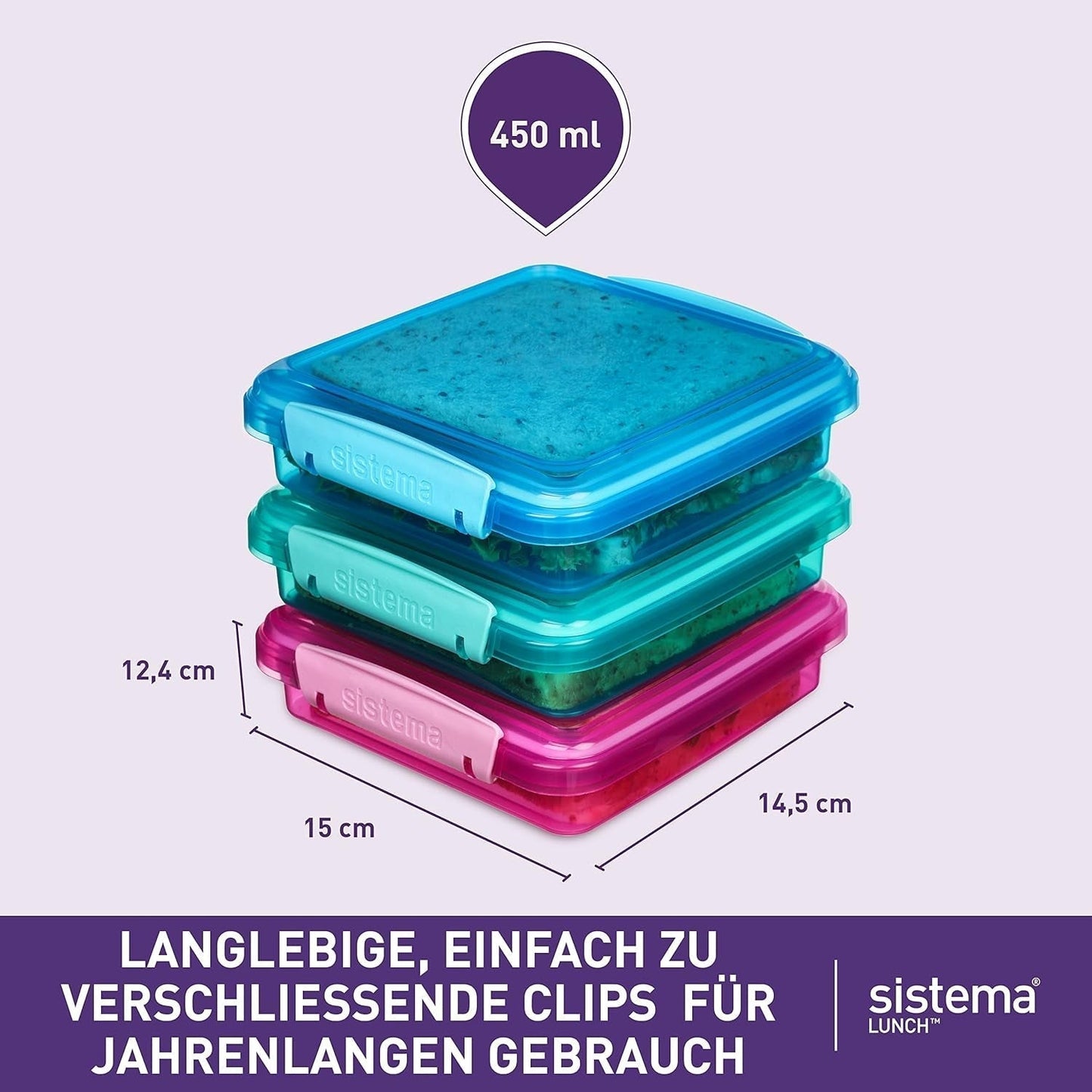Sistema di contenitori per panini per il pranzo | 450ml| Lunch box impilabile ed ermetico con coperchio | per bambini e adulti | senza BPA | colori misti | 3 contenitori per alimenti Naty Shop