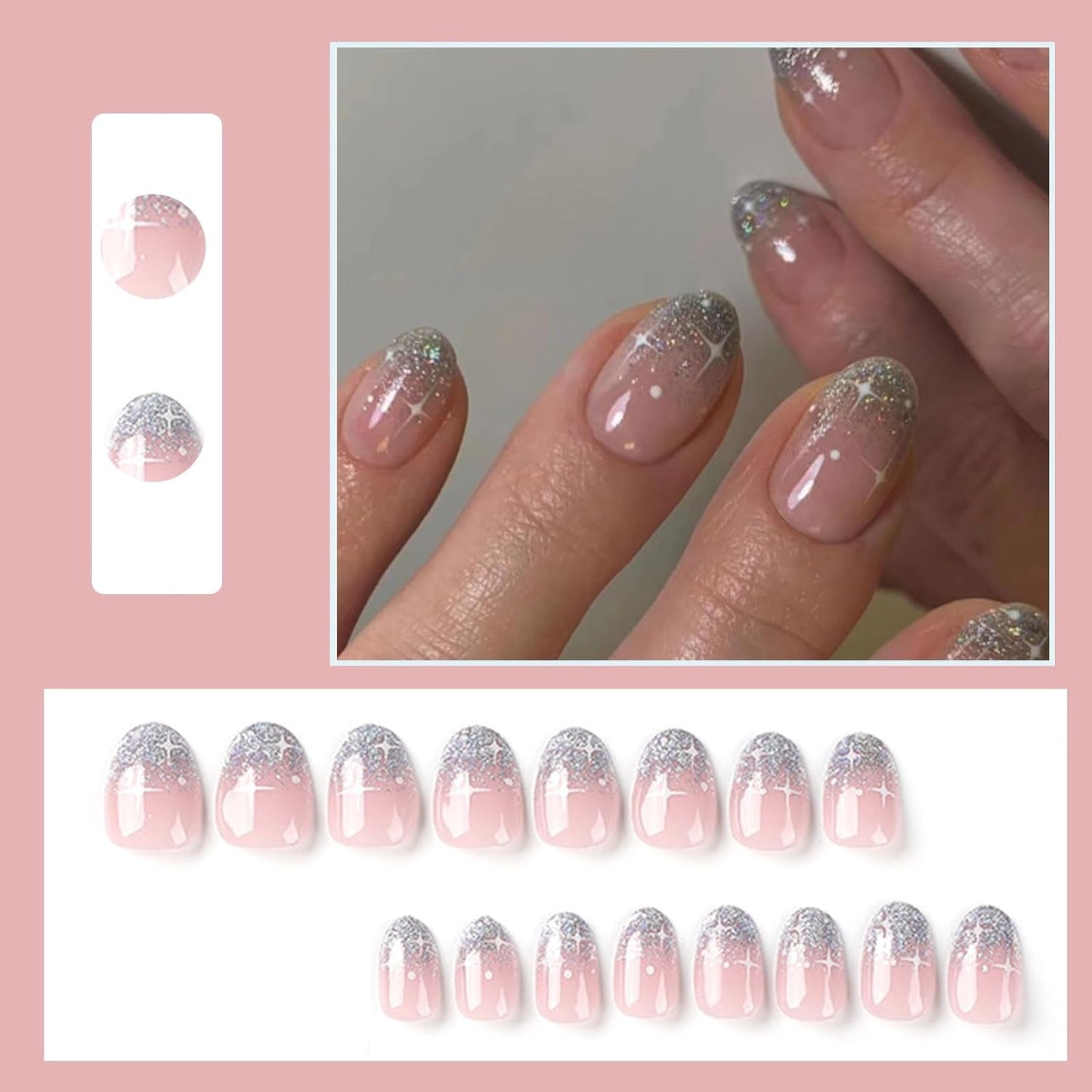 24 pezzi French Press On Nails Breve design argento lucido Unghie artificiali ovali Colla su unghie lucide acriliche Unghie finte per donne ragazze