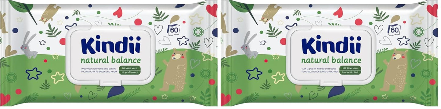 Salviettine umidificate per neonati Kindii Natural Balance – (1 x 60 pz.) Salviette umidificate per neonati e bambini – Protettive, Aloe Vera, Fragranza delicata – 60 pz.