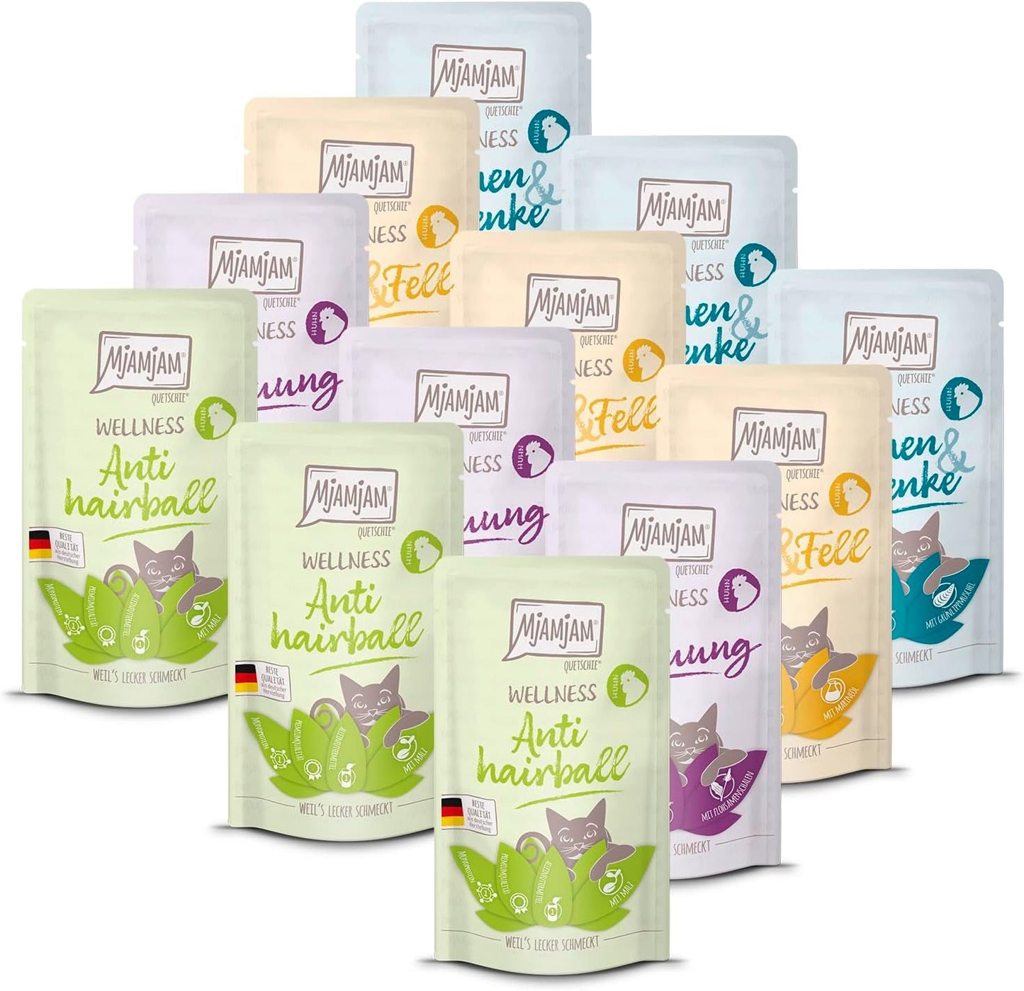 MjAMjAM - Alimento umido premium per gatti - Confezione benessere al pollo Confezione da 12 (12 x 125 g) Senza cereali con carne extra