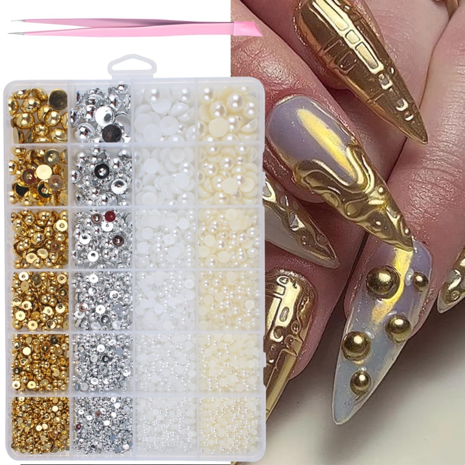 GZMAYUEN 920 pezzi perle per unghie con retro piatto oro argento per unghie, perle per unghie beige bianco Halbrunde, piccole perle con retro piatto Halbrunde per decorazioni per nail art fai da te