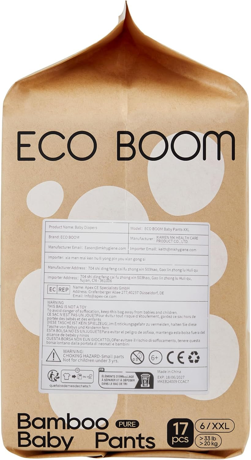 Pannolini per neonati in bambù ECO BOOM - Taglia 6 (20 kg), Pannolini pull-up a base vegetale (17 pezzi) - Organici di alta qualità, senza profumo, delicati sulla pelle, super assorbenti
