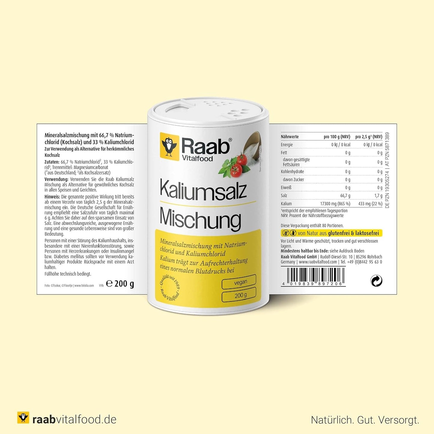 Raab Vitalfood Kalium salt-Mischung, Mineralsalzmischung mit 66.7% Natrium Chlorid (Kochsalz) und 33% Kalium Chlorid, Kalium trägt zur Aufrechterhaltung eines normalen Blutdruck bei (1 x 200 g Dose)