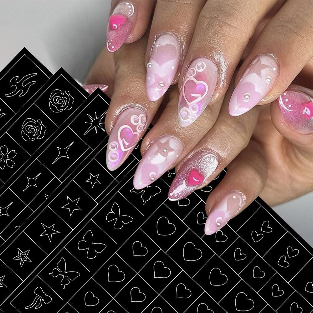 6 Fogli Modello Aerografo Adesivi per Unghie, Farfalla Fiamma Stelle Cuore Stelle Adesivi per Unghie Stampa Stencil Strumento Nail Art Adesivi Autoadesivi per Donne Nail Art Design Adesivi