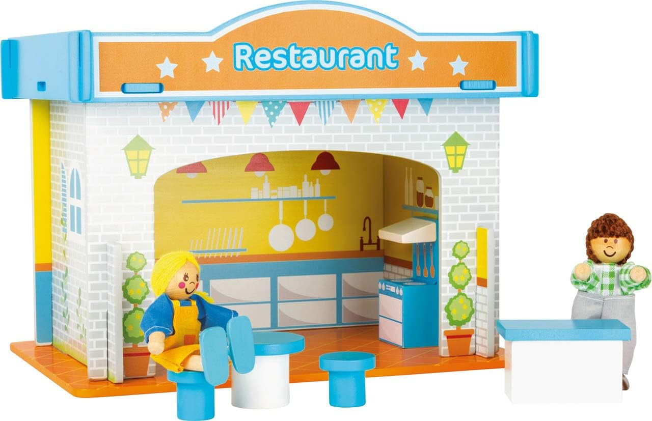 Small Foot 10852 Casetta da gioco Ristorante In legno, Con 2 bambole, accessori e tetto rimovibile, A partire da 3 anni Naty Shop Case delle bambole