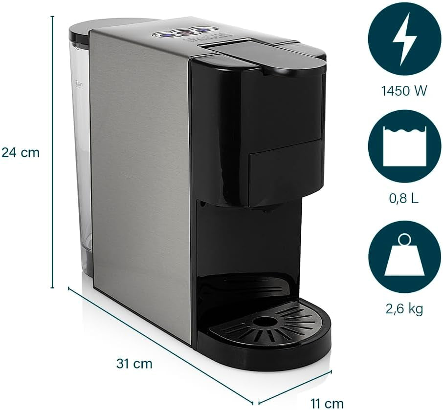Macchina per caffè espresso multicapsule Princess 4 in 1 - 1450 watt, capsule, cialde, caffè macinato, senza BPA, 249450, 01.249450.01.001, nero, argento