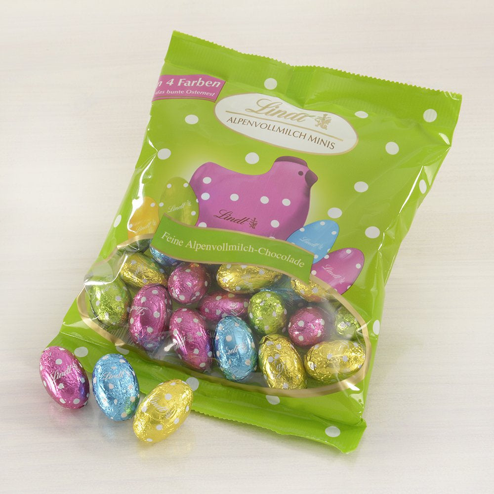 Piccoli Amici di Pasqua al Cioccolato | 2 x 100 g e Mini Uova Decorazione di Cioccolato con Latte Alpino | 2 bustine da 180 g | Uova di cioccolato al latte premium, confezionate in modo allegro e colorato, in quattro colori per Pasqua