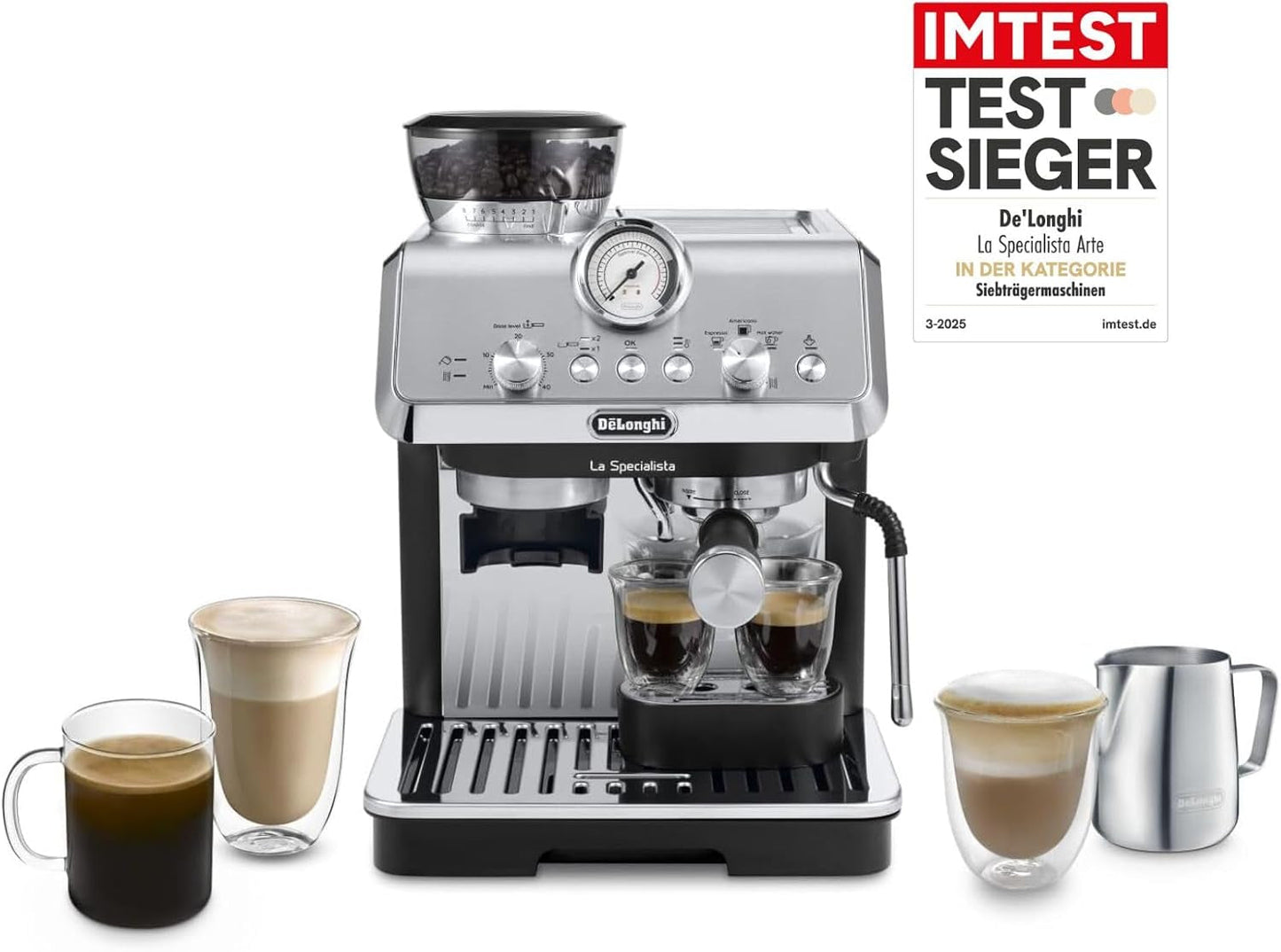 De'Longhi La Specialista Arte EC9155.MB macchina per caffè espresso portafiltro con macinacaffè, 8 impostazioni di macinatura, pressione 15 bar, 3 impostazioni di temperatura, montalatte, 1550 W, serbatoio da 1,7 litri, acciaio inossidabile/nero, incluso kit barista