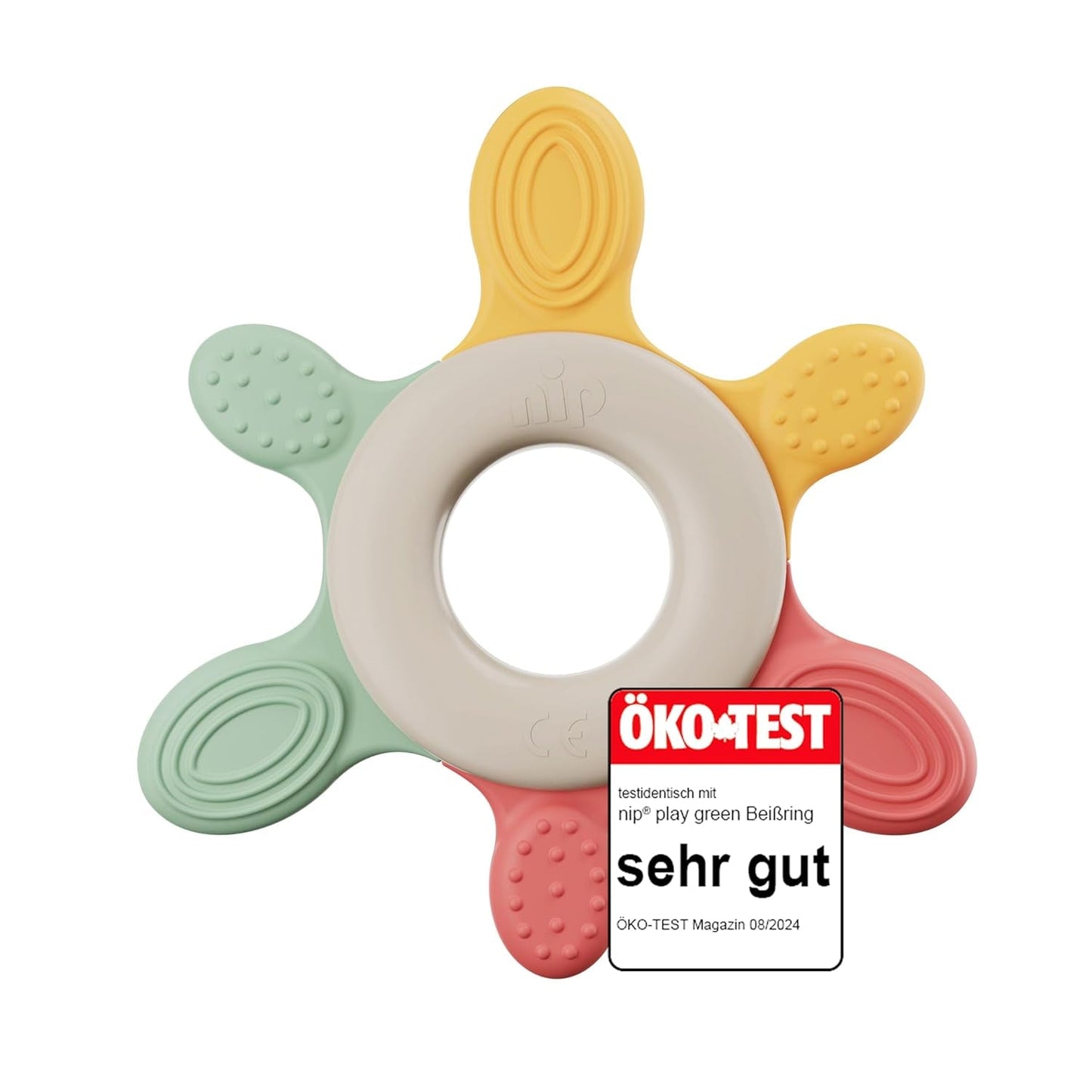 nip – Anello da dentizione | Anello da dentizione sostenibile per bambini a partire da 3 mesi, realizzato con oltre il 65% di materie prime naturali. Per un massaggio delicato delle gengive, della lingua e dei denti | Rosso/Verde/Arancione