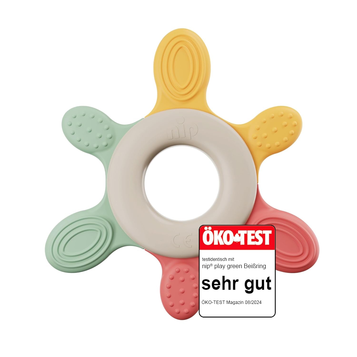 nip – Anello da dentizione | Anello da dentizione sostenibile per bambini a partire da 3 mesi, realizzato con oltre il 65% di materie prime naturali. Per un massaggio delicato delle gengive, della lingua e dei denti | Rosso/Verde/Arancione