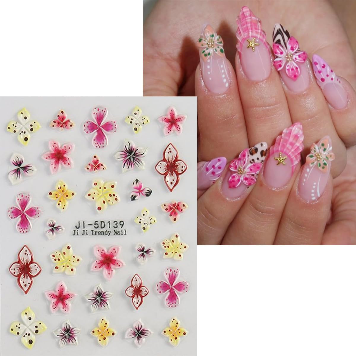 JMEOWIO 3D Nagelsticker Fiore colorato Nail Art Sticker Selbstklebend Nagelaufkleber 5D Stereoscopico Decorazione floreale primavera estate Nageldesign Zubehör 4 Blatt