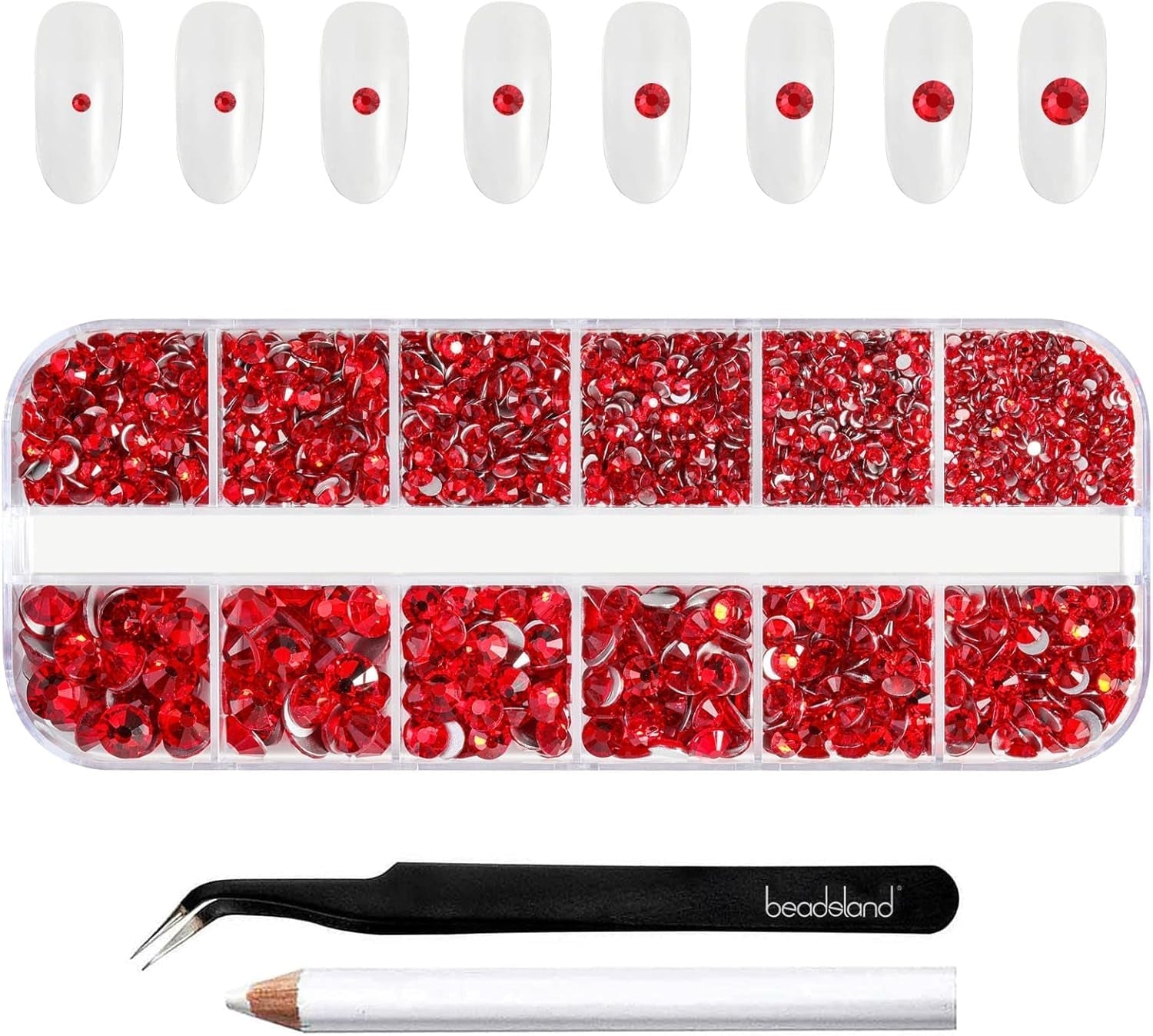 Beadsland 2500 pezzi di vetro per nail art strasssteine ​​​​Kristall Flatback Edelsteine ​​​​Runde, ​​für Handwerk Gemischt 8 Größen SS4 ~ SS30 con picking Pinzette e Stift (Kristall Weiss)