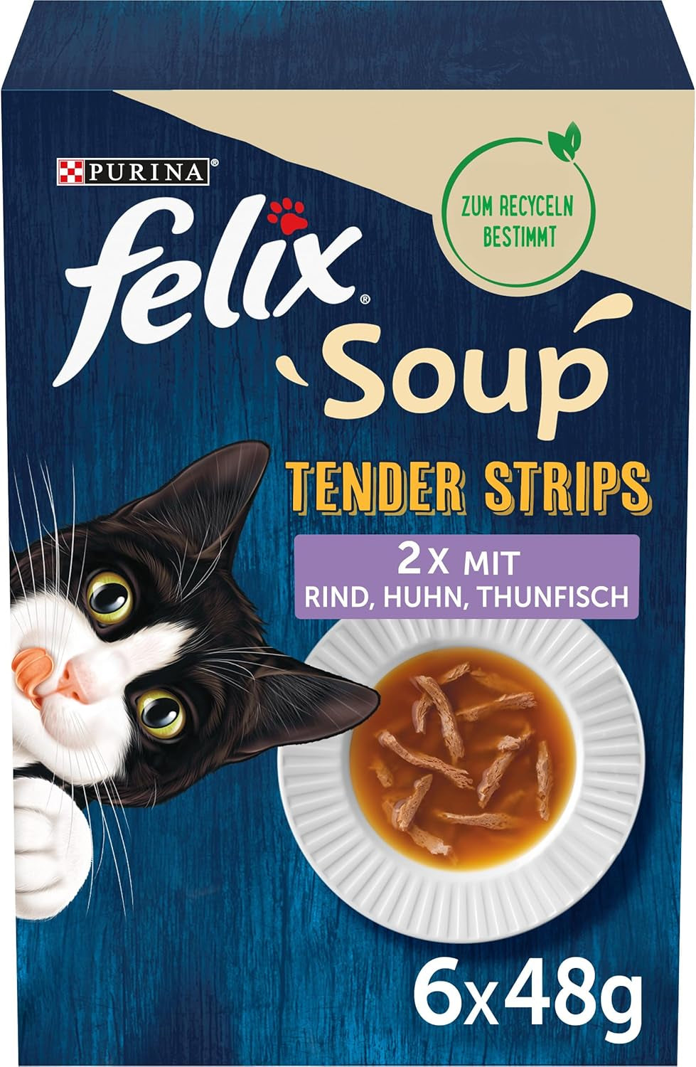 Strisce di zuppa Felix, zuppa di gatti, varietà mista, confezione da 8 (8 x 6 bustine da 48 g ciascuna)