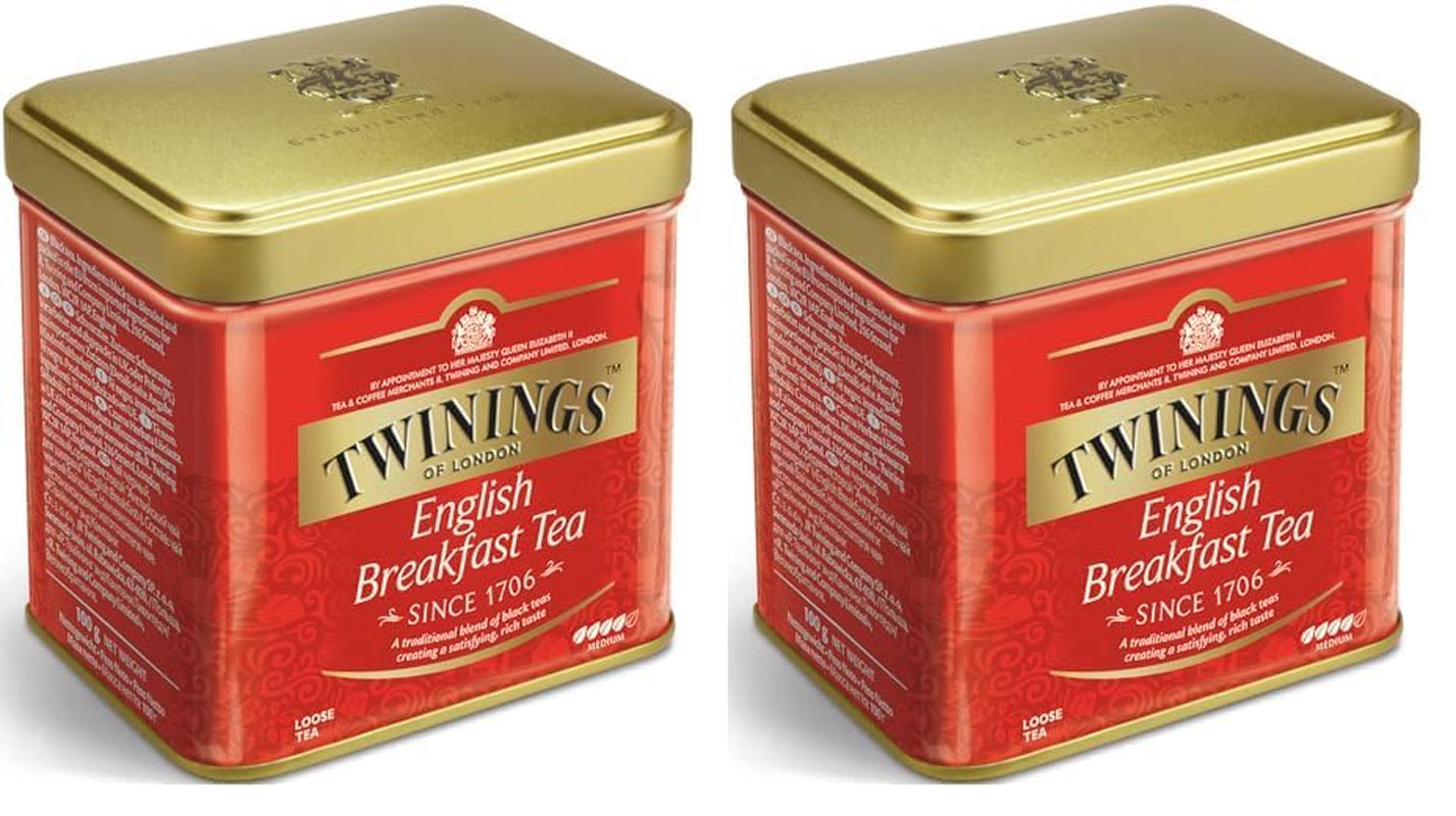 Twinings English Breakfast Tea Tè nero sfuso in scatola da tè Tè nero forte da foglie di tè di alta qualità raccolte dalle migliori piantagioni di tè in Sri Lanka e India G, neutro, 100 grammi