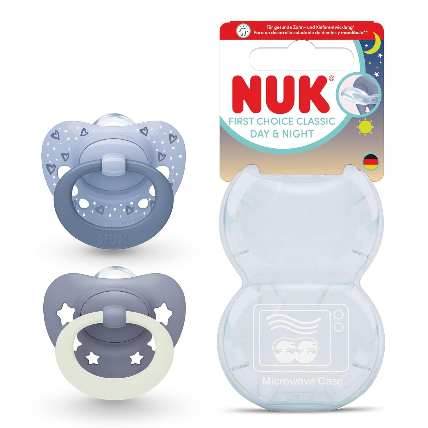 Ciucci classici diurni e notturni NUK First Choice per neonati | 6-18 mesi | Ciucci ortodontici che si illuminano al buio | 95% di accettazione da parte dei bambini** | Blu | Confezione da 2