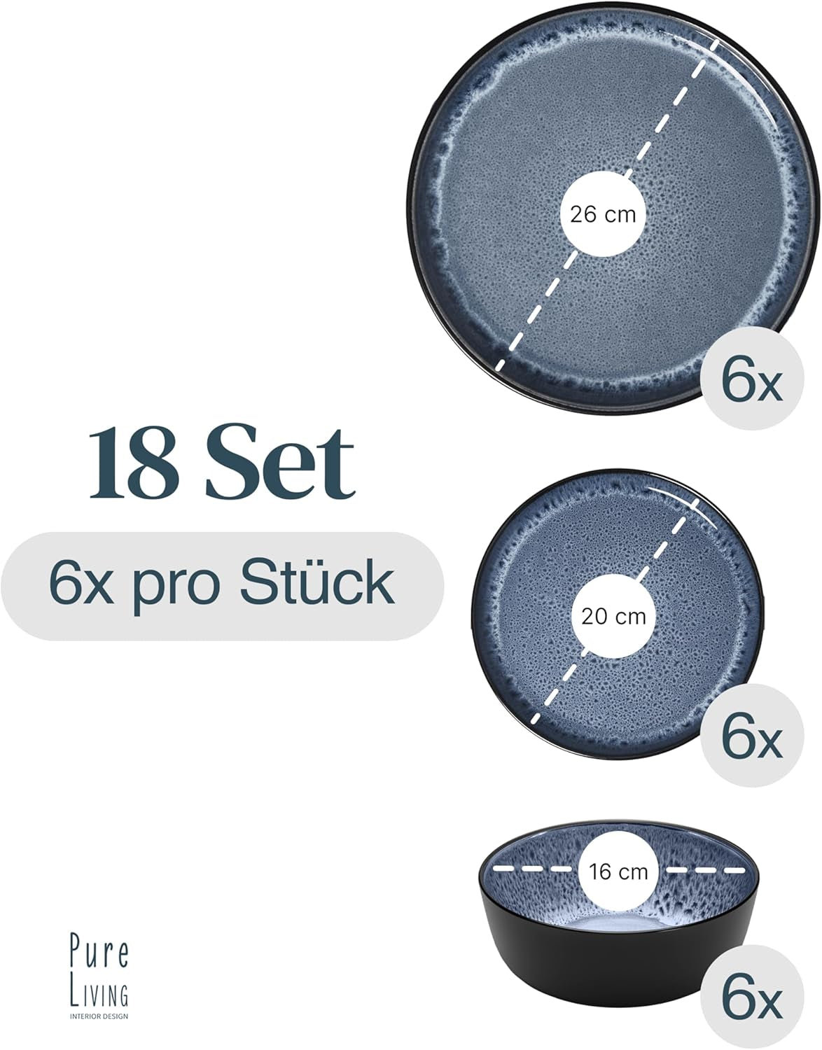 Servizio stoviglie 18 pezzi in gres ceramica per 6 persone, design Ibiza, VINCITORE DEL TEST. Uno splendido set di stoviglie mediterranee in gres ceramico comprensivo di ciotole e piatti. Set di stoviglie Pure Living in blu fumoso.