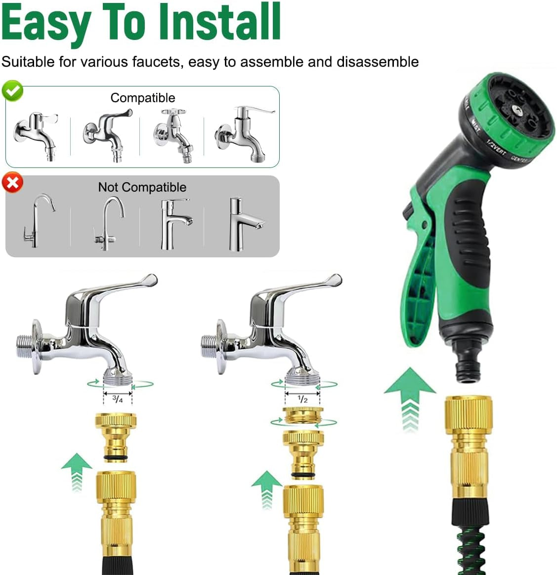 Tubo da giardino flessibile verde da 30 m/100 piedi con ugello di spruzzatura e connettori in ottone da 3/4" e 1/2" 10 funzioni Tubo dell'acqua estensibile a 3 pieghe senza attorcigliamenti per pavimento da giardino, patio, auto