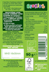 biocentral BioKids Purea di frutta Mela Banana Lampone Avena | 12 x 90 g | Snack fruttato senza zuccheri aggiunti | Vegano