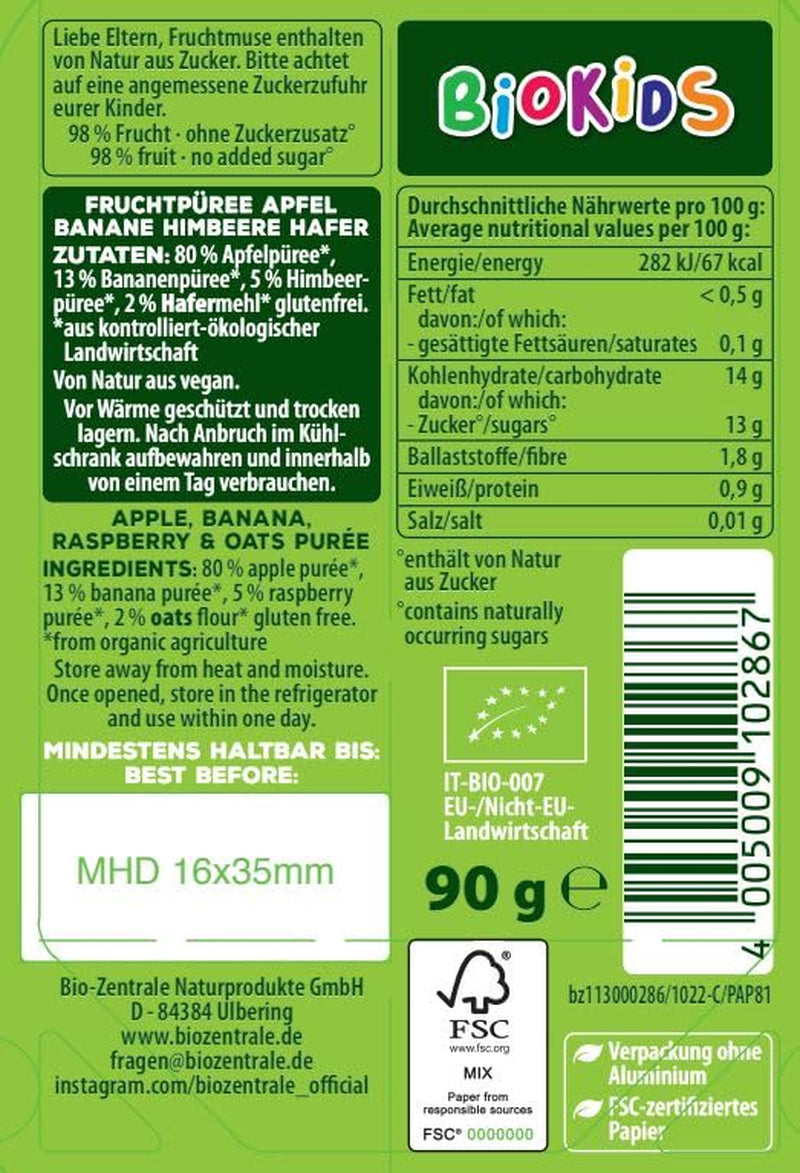 biocentral BioKids Purea di frutta Mela Banana Lampone Avena | 12 x 90 g | Snack fruttato senza zuccheri aggiunti | Vegano