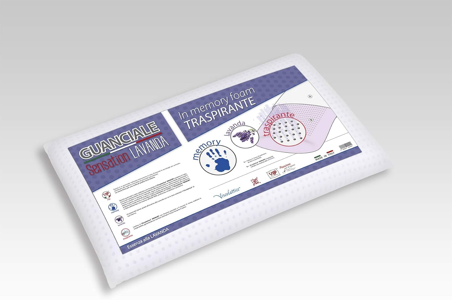 V.I.P. Very Important Pillow Cuscino sapone, riccioli, memory foam, con trattamento lavanda, 42 X 72 X 11, Made in Italy, bianco, C.854492 Cuscini standard Naty Shop Sapone bianco con passante Viscolattice Memory Con Trattamento Lavanda - Saponetta