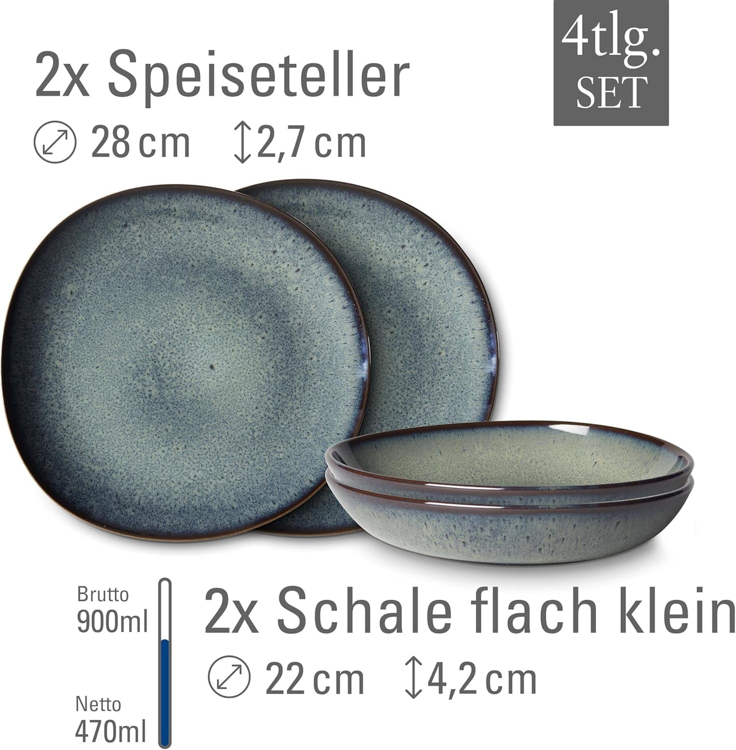 Piace. de Villeroy & Boch - Servizio da tavola in gres Lave Gris, 4 pezzi, aspetto ceramica, servizio da tavola per 2, grigio