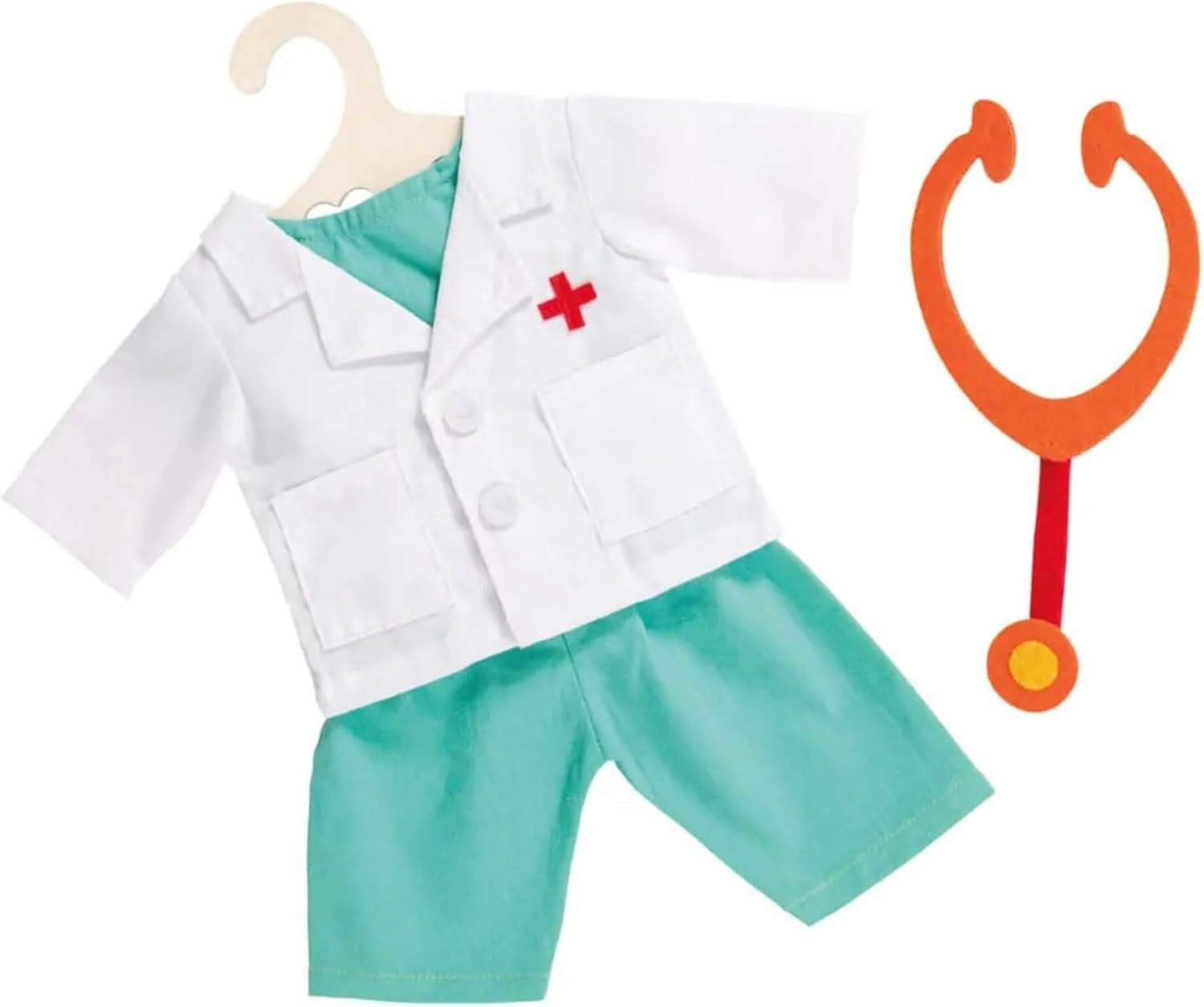 Heless 1653 - Set di vestiti per bambole, tuta da medico in 4 pezzi con pantaloni, camicia, camice da medico e stetoscopio, misura 28 - 35 cm