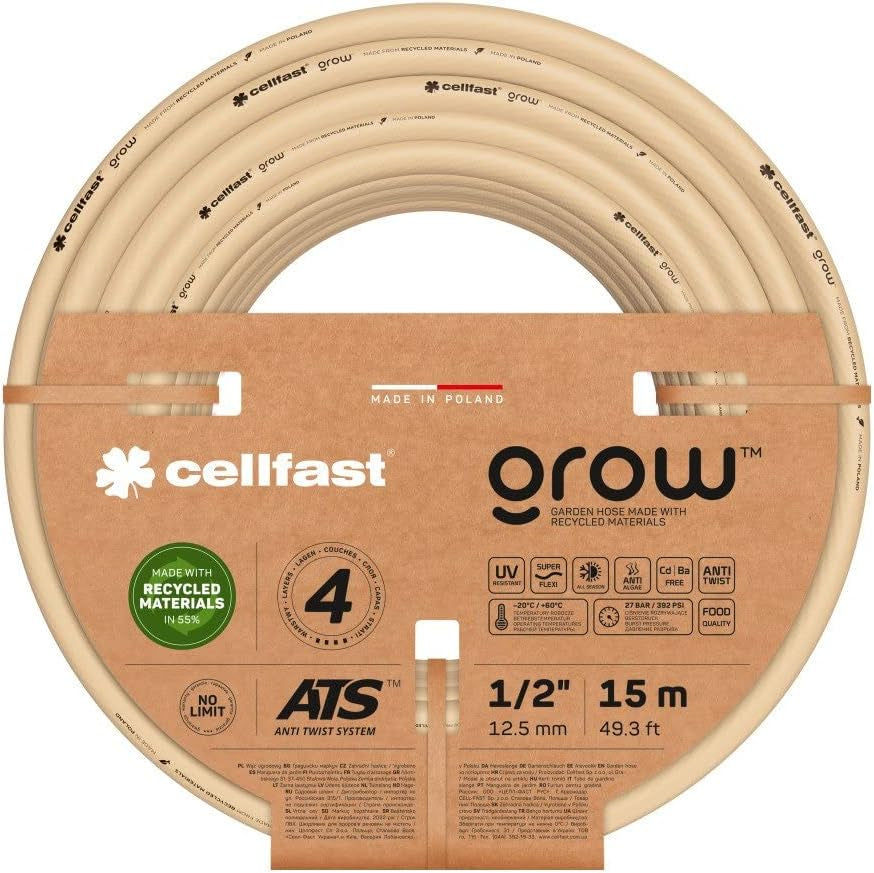 Tubo da giardino Cellfast GROW, duraturo, flessibile, 4 strati, maglia ATS durevole, resistente ai raggi UV e alle alghe, senza metalli pesanti, 27 bar, -20/+60°C, chiusura 1/2", 15m
