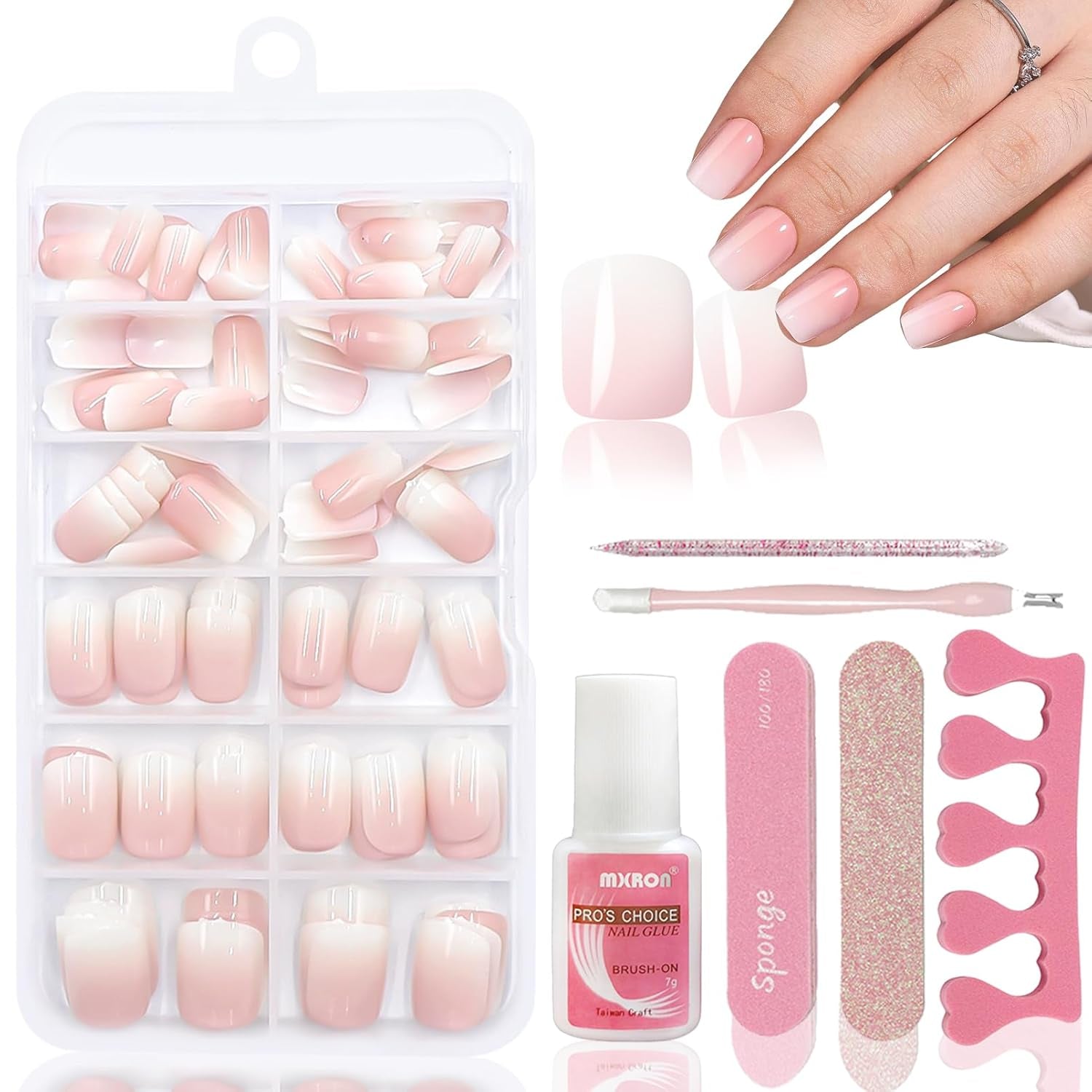 120 unghie finte rosa nude con colla per unghie - 12 misure per unghie corte ovali quadrate a pressione - bellissime unghie, colla su unghie artificiali - adatte per il design delle unghie fai da te da donna (squavale rosa sfumato)