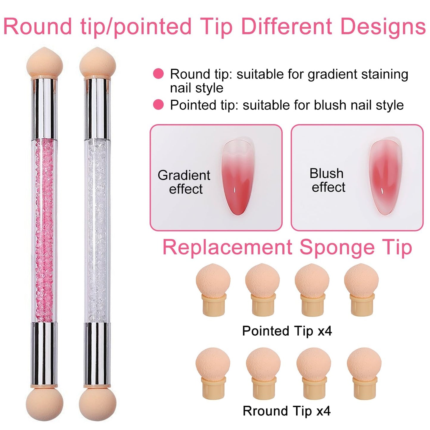 2 Stück Nail Art Rendering-Werkzeuge Doppelter Kopf, Spugna Applicatore Pennello Inkl 8 Ersatzköpfe, Nail Art Schwamm Und Tupfpinsel(Weiß, Rosa)