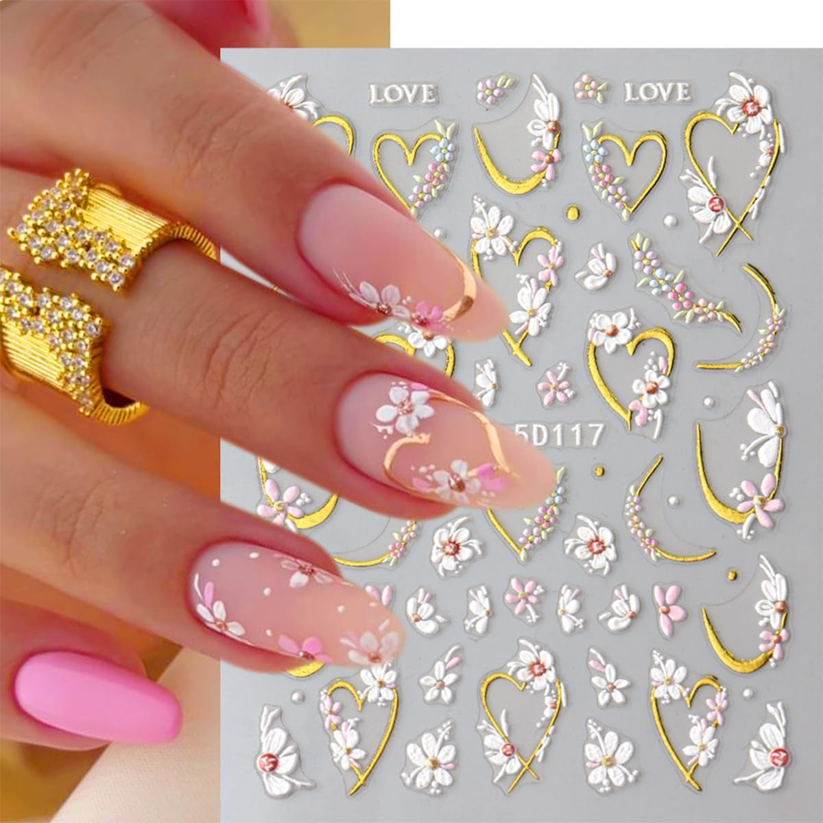 JMEOWIO 3D Nagelsticker Blume Nail Art Sticker Self-klebend Nagelaufkleber 5D Stereoscopico Frühling Sommer Floral Dekoration Nageldesign Zubehör 4 Blatt