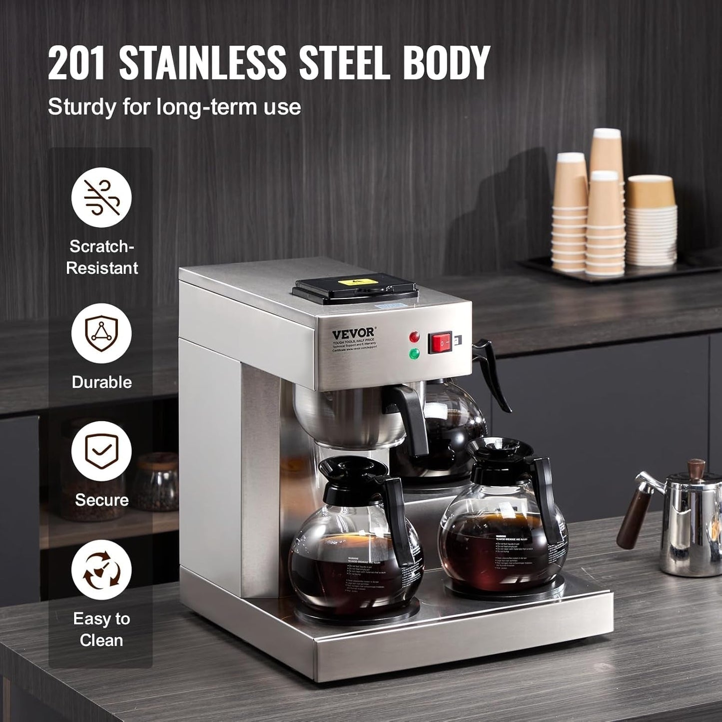 VEVOR Macchina per caffè espresso commerciale con filtro da 12 tazze con 3 caraffe in vetro e 3 piastre riscaldanti Macchina per caffè espresso in acciaio inossidabile con fornitura automatica di acqua per bar ristorante ufficio