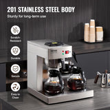 VEVOR Macchina per caffè espresso commerciale con filtro da 12 tazze con 3 caraffe in vetro e 3 piastre riscaldanti Macchina per caffè espresso in acciaio inossidabile con fornitura automatica di acqua per bar ristorante ufficio