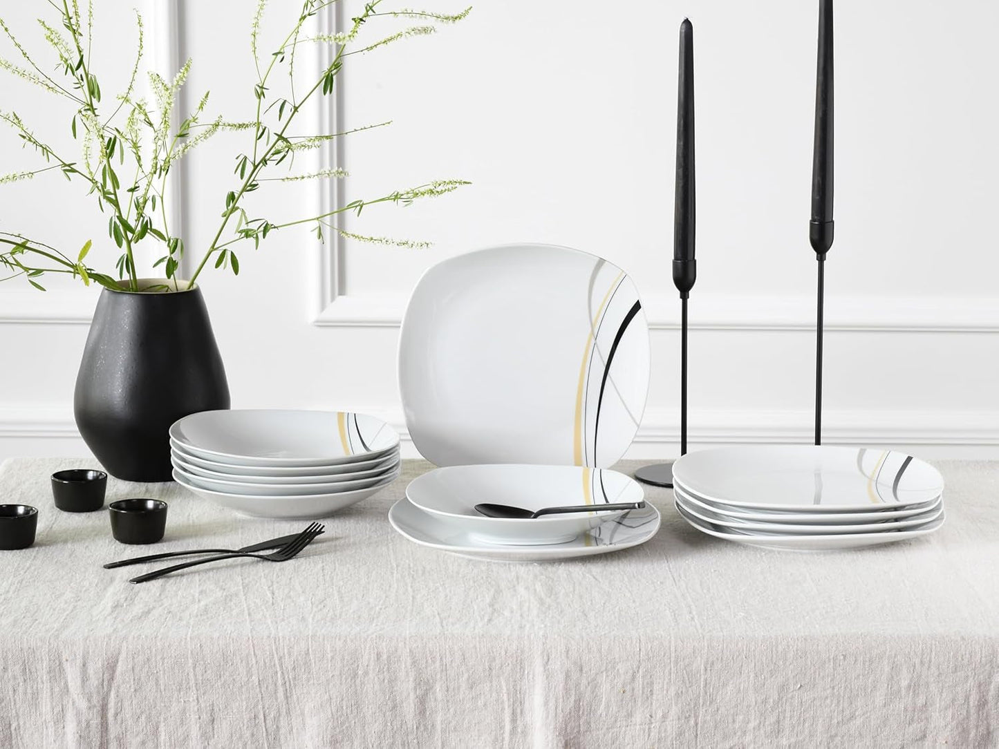 CreaTable 24029 Square City Line Series Set di stoviglie in porcellana per 6 persone, 12 pezzi, lavabile in lavastoviglie e adatto al microonde, produzione di qualità