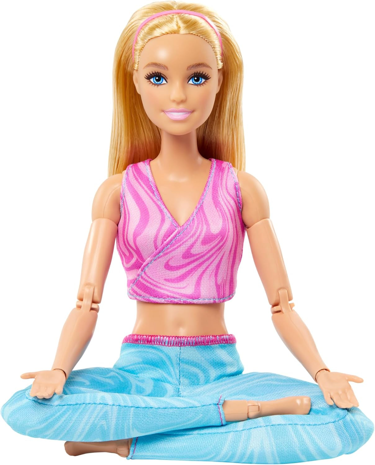 Barbie bambola made-to-move con capelli biondi, top sportivo rosa staccabile e pantaloni da yoga blu, 22 articolazioni, HRH27, [Multicolore]