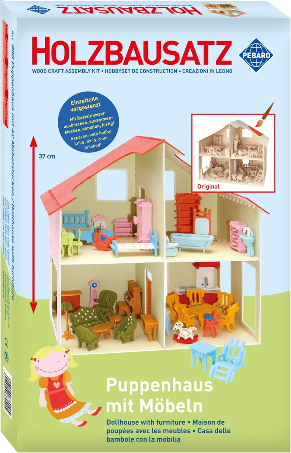 Pebaro Donau Elektronik _M880 Puzzle 3D Casa delle Bambole con Mobili, 30 x 30 x 30 cm, Naturale