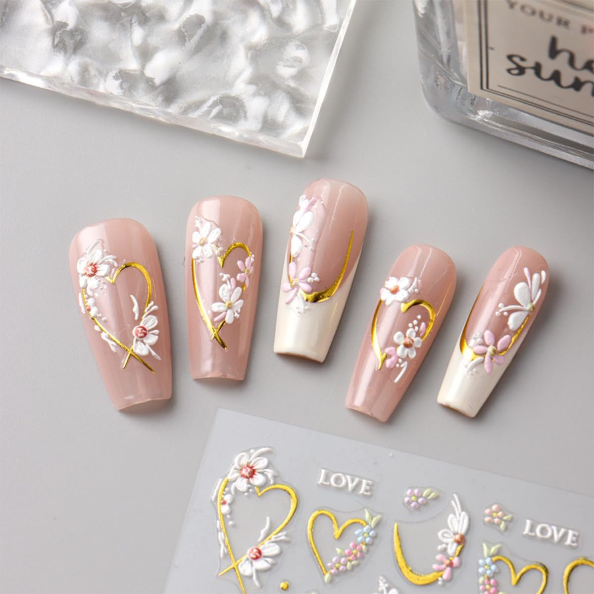 JMEOWIO 3D Nagelsticker Blume Nail Art Sticker Self-klebend Nagelaufkleber 5D Stereoscopico Frühling Sommer Floral Dekoration Nageldesign Zubehör 4 Blatt