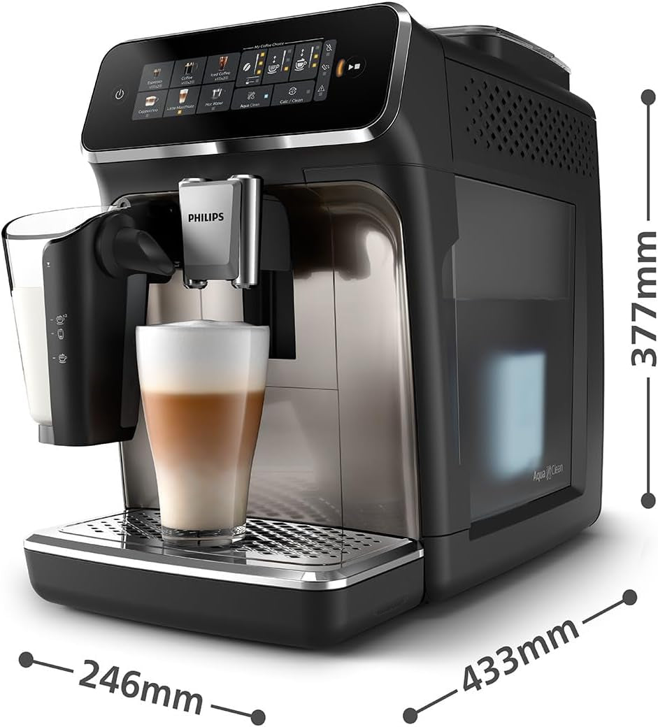 Macchina per caffè espresso automatica PHILIPS serie 3300 - 6 bevande, moderno touch screen a colori, sistema di preparazione del latte LatteGo, SilentBrew, macinacaffè 100% ceramica, filtro AquaClean. Cromo Nero (EP3347/90)