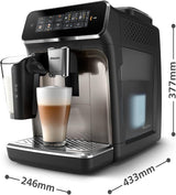 Macchina per caffè espresso automatica PHILIPS serie 3300 - 6 bevande, moderno touch screen a colori, sistema di preparazione del latte LatteGo, SilentBrew, macinacaffè 100% ceramica, filtro AquaClean. Cromo Nero (EP3347/90)