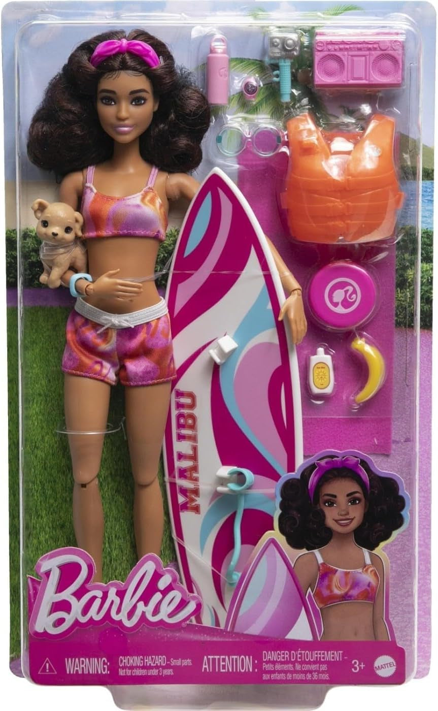 Barbie Bambola Surfista con Tavola da Surf e Maniglia, Asciugamano e Radio per Avventure e Storie in Spiaggia, Clip e Cinturino alla Caviglia per un Surf Realistico, dai 3 Anni in su HPL69 Naty Shop Modern Dolls