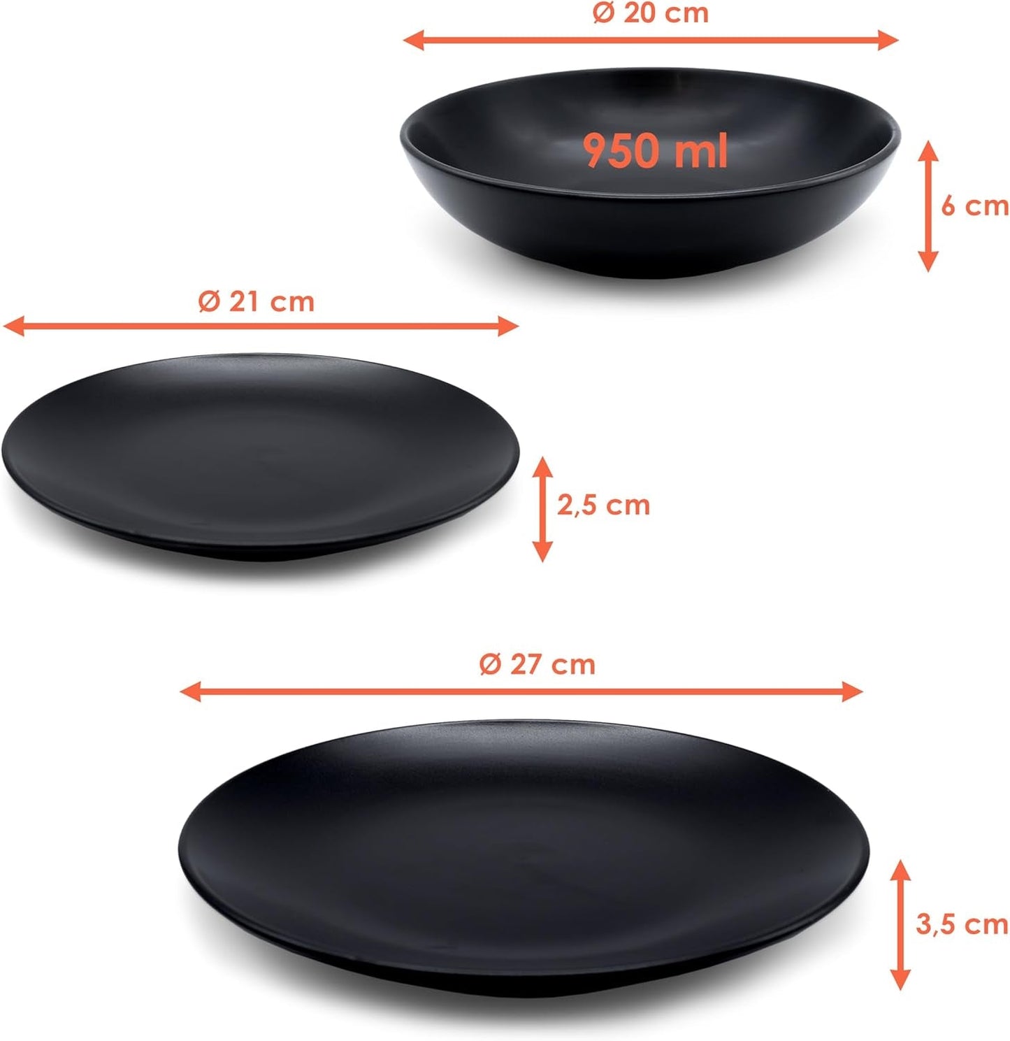 Set di stoviglie in ceramica fine nera opaca - 18 pezzi - Set di stoviglie per 6 inclusi piatti per torta, piatti piani, piatti piani - Lavabile in lavastoviglie