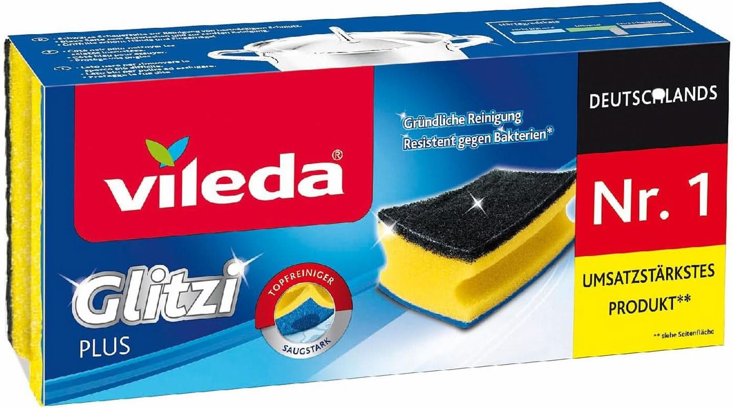 Vileda Glitzi, spugna per piatti per la cucina, con effetto antibatterico, altamente assorbente, confezione da 18 Detersivi Cucina Naty Shop