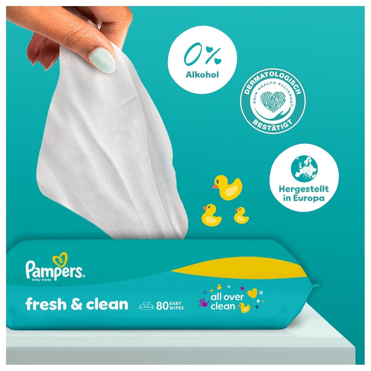 Salviettine umidificate Pampers Fresh Clean, 15 confezioni da 80 salviette, 1200 salviette totali, profumo leggero, adatte anche per mani e viso