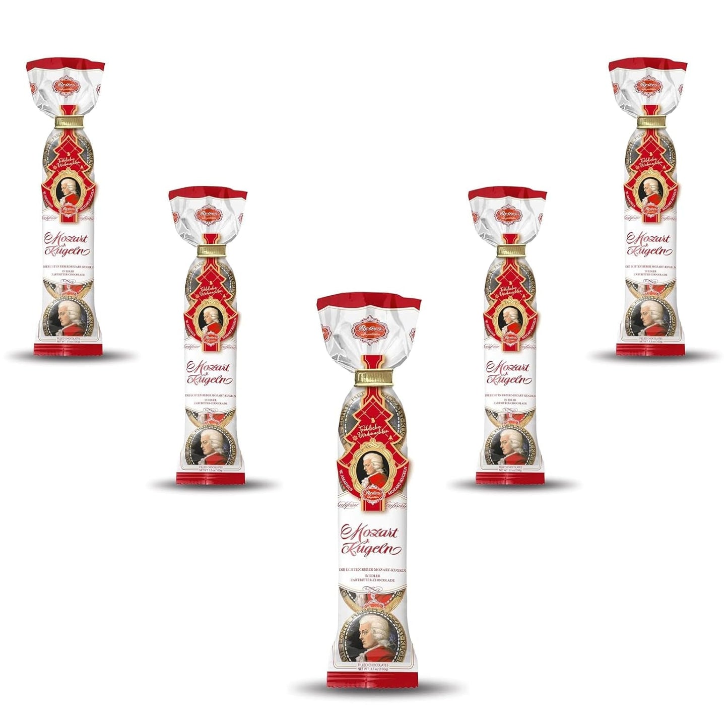 Palline Reber Mozart - 5 buste da 5 caramelle nell'edizione natalizia - Autentiche palline Reber Mozart, fatte di cioccolato fondente, marzapane e torrone