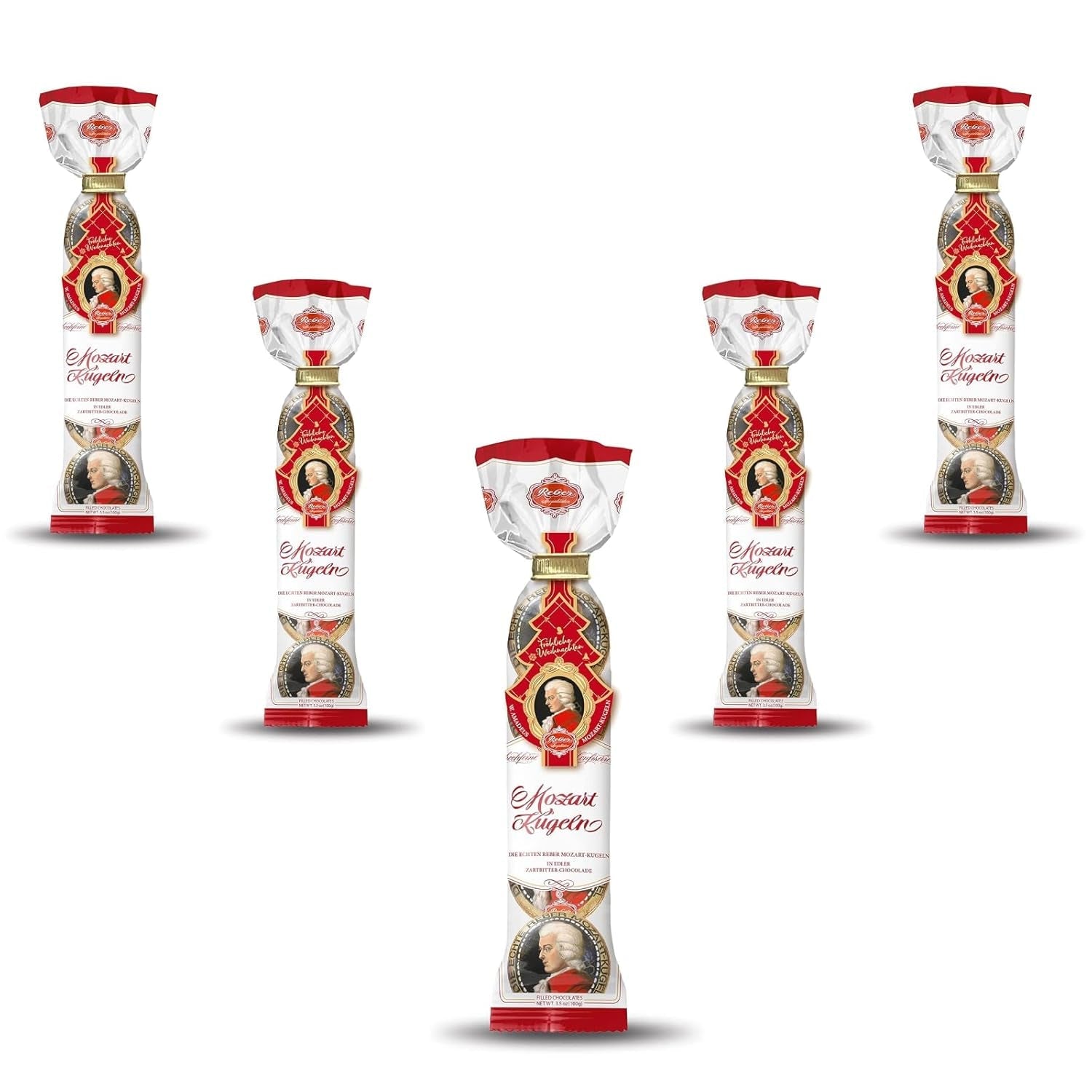 Palline Reber Mozart - 5 buste da 5 caramelle nell'edizione natalizia - Autentiche palline Reber Mozart, fatte di cioccolato fondente, marzapane e torrone