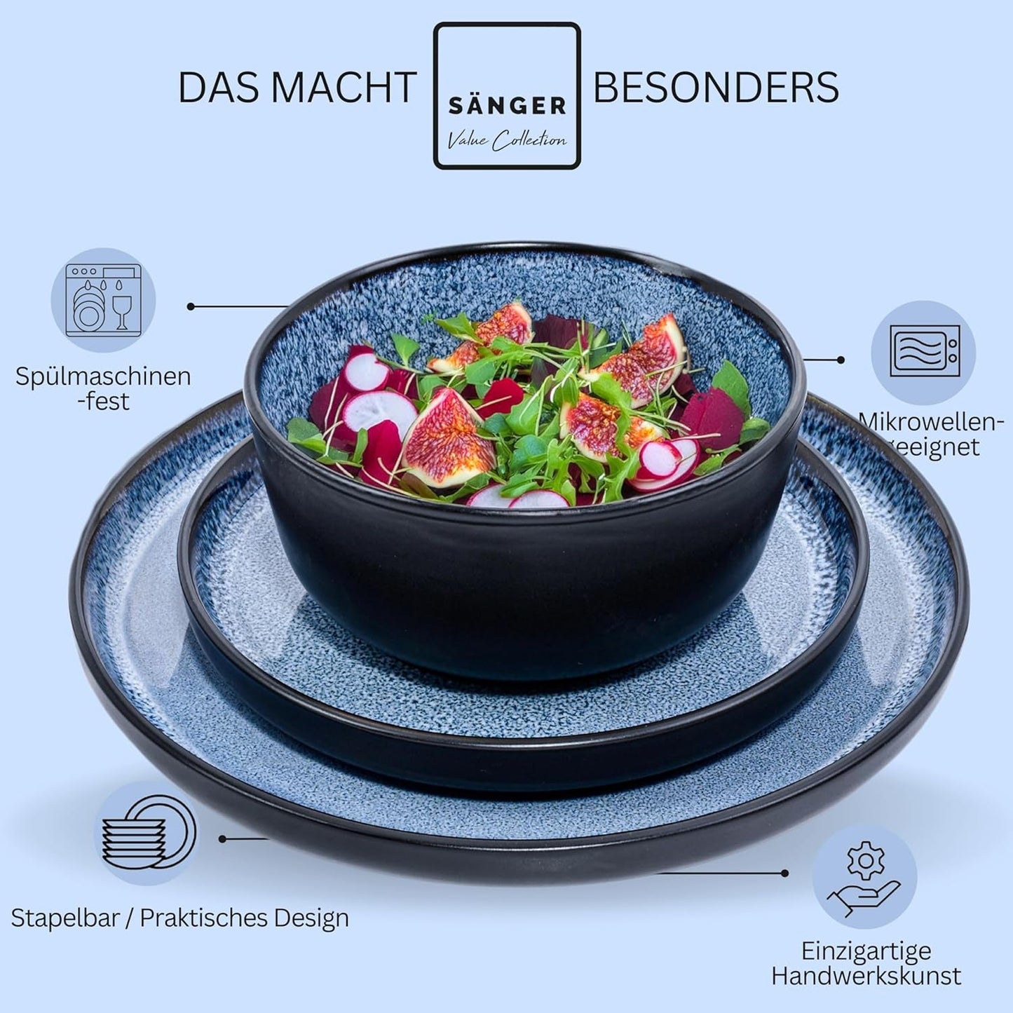 SÄNGER Aruba | Servizio Piatti in Gres per 6, 6 Piatti Piani, 6 Piatti Colazione, 6 Piatti Piani, 6 Ciotole Pasta, Blu con Bordo Nero | LA COLLEZIONE DI VALORE
